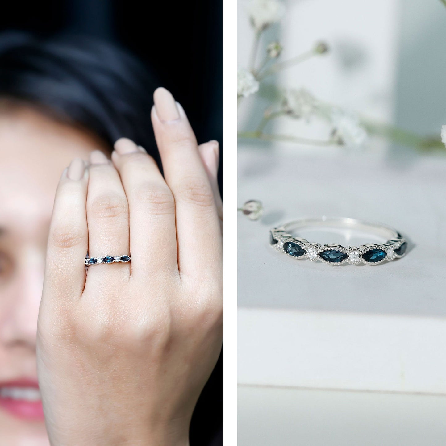 Genuine London Blue Topaz Half Eternity Ring in Bezel Set