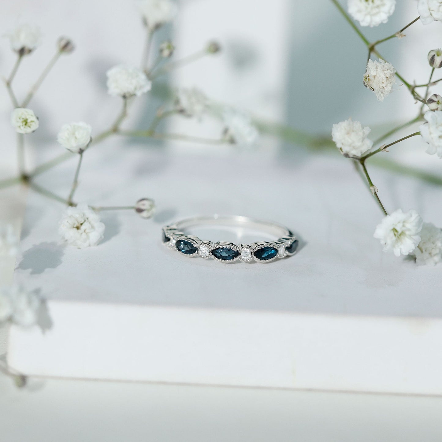 Genuine London Blue Topaz Half Eternity Ring in Bezel Set