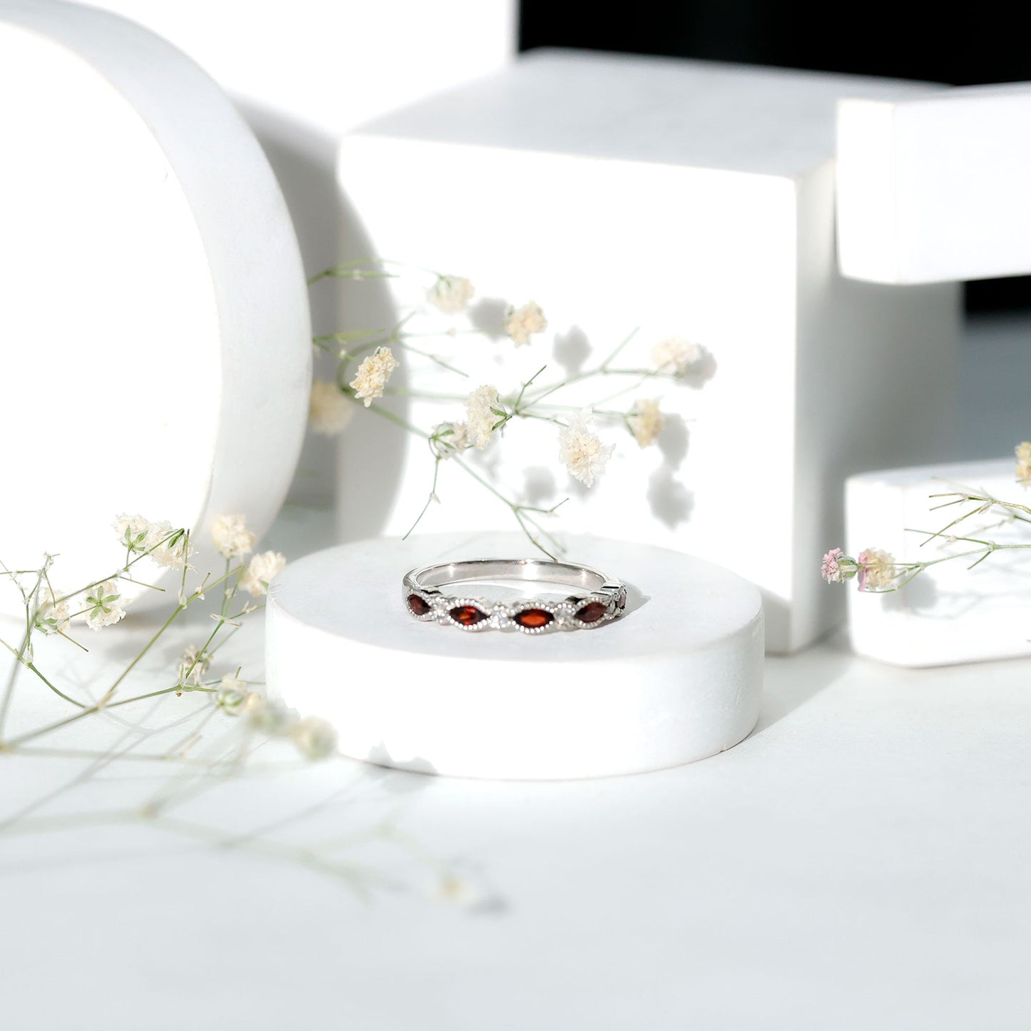 Natural Marquise Garnet Diamond Half Eternity Ring for Anniversary