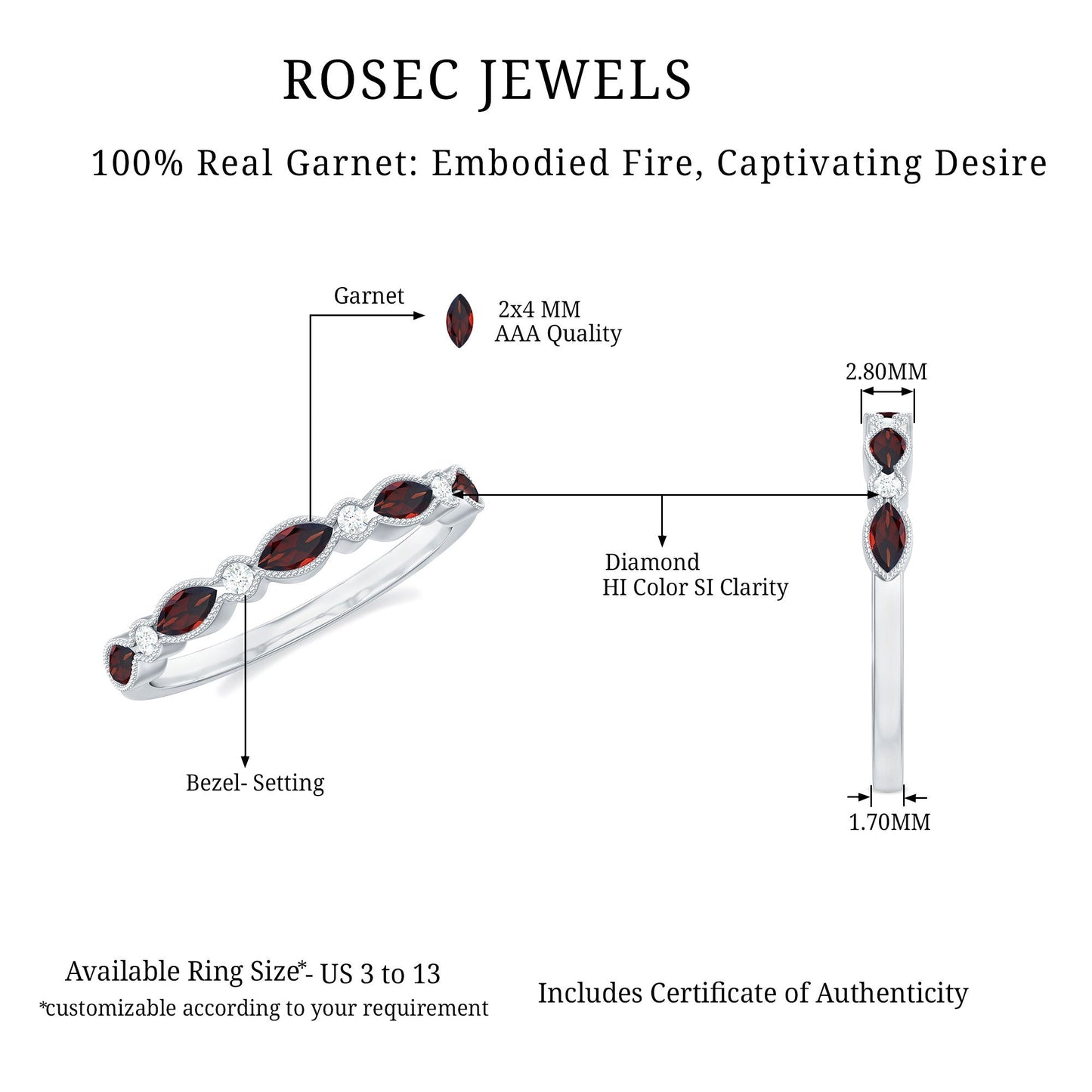 Natural Marquise Garnet Diamond Half Eternity Ring for Anniversary