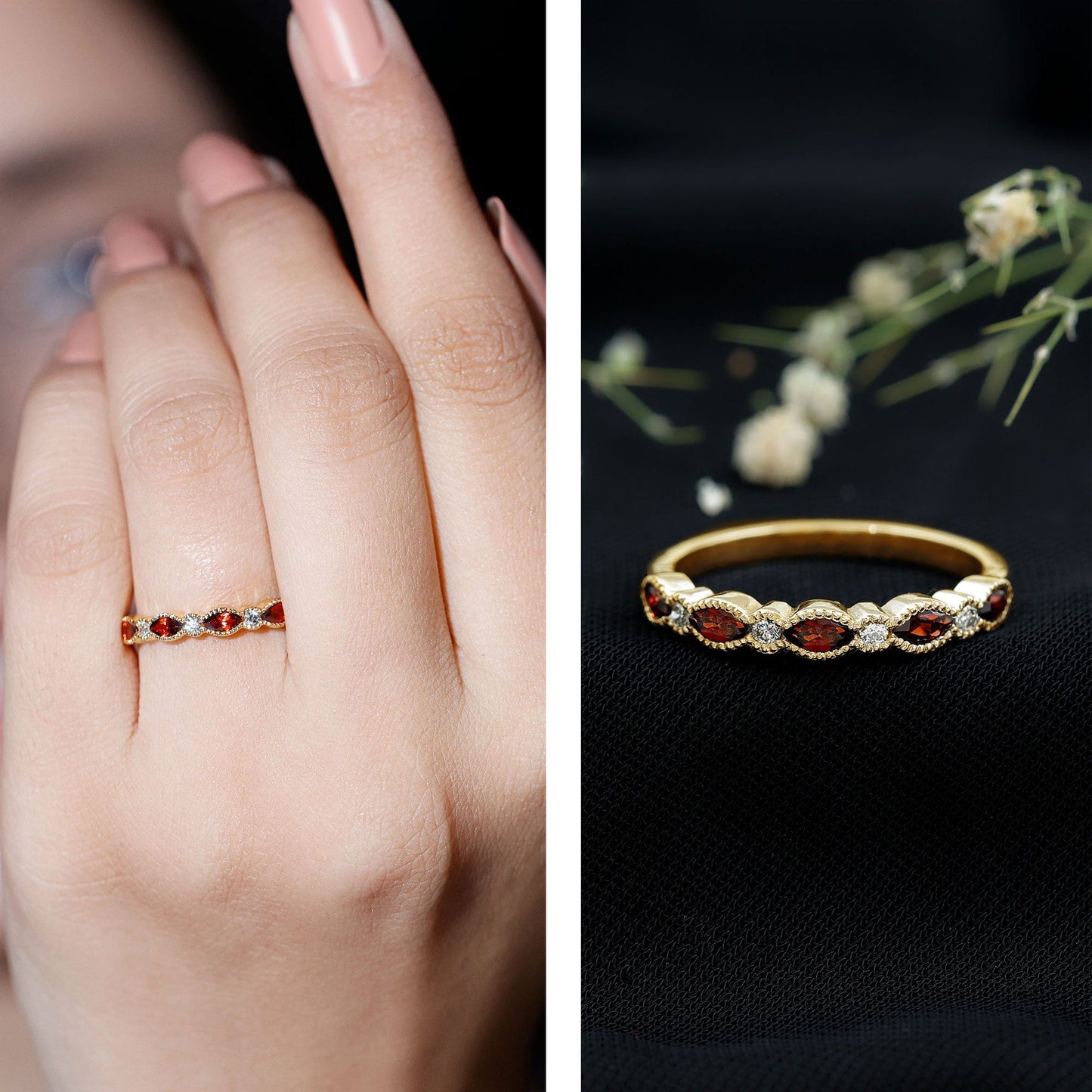 Natural Marquise Garnet Diamond Half Eternity Ring for Anniversary