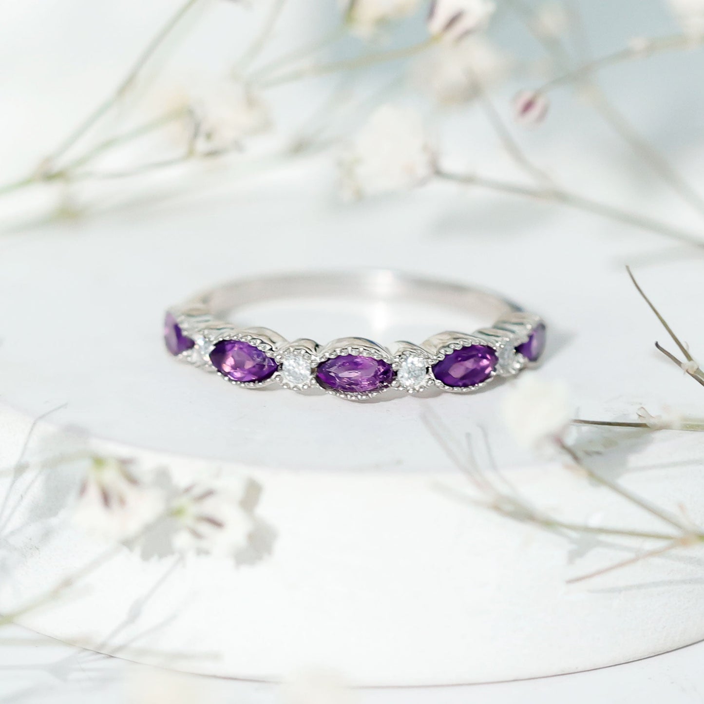 Real Marquise Cut Amethyst Eternity Anniversary Ring in Silver