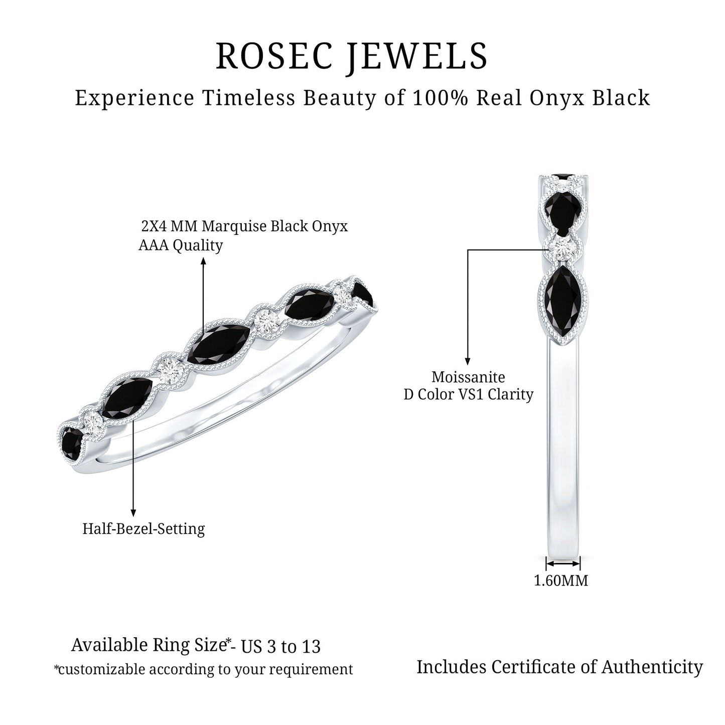 Natural Marquise Cut Black Onyx Half Eternity Band