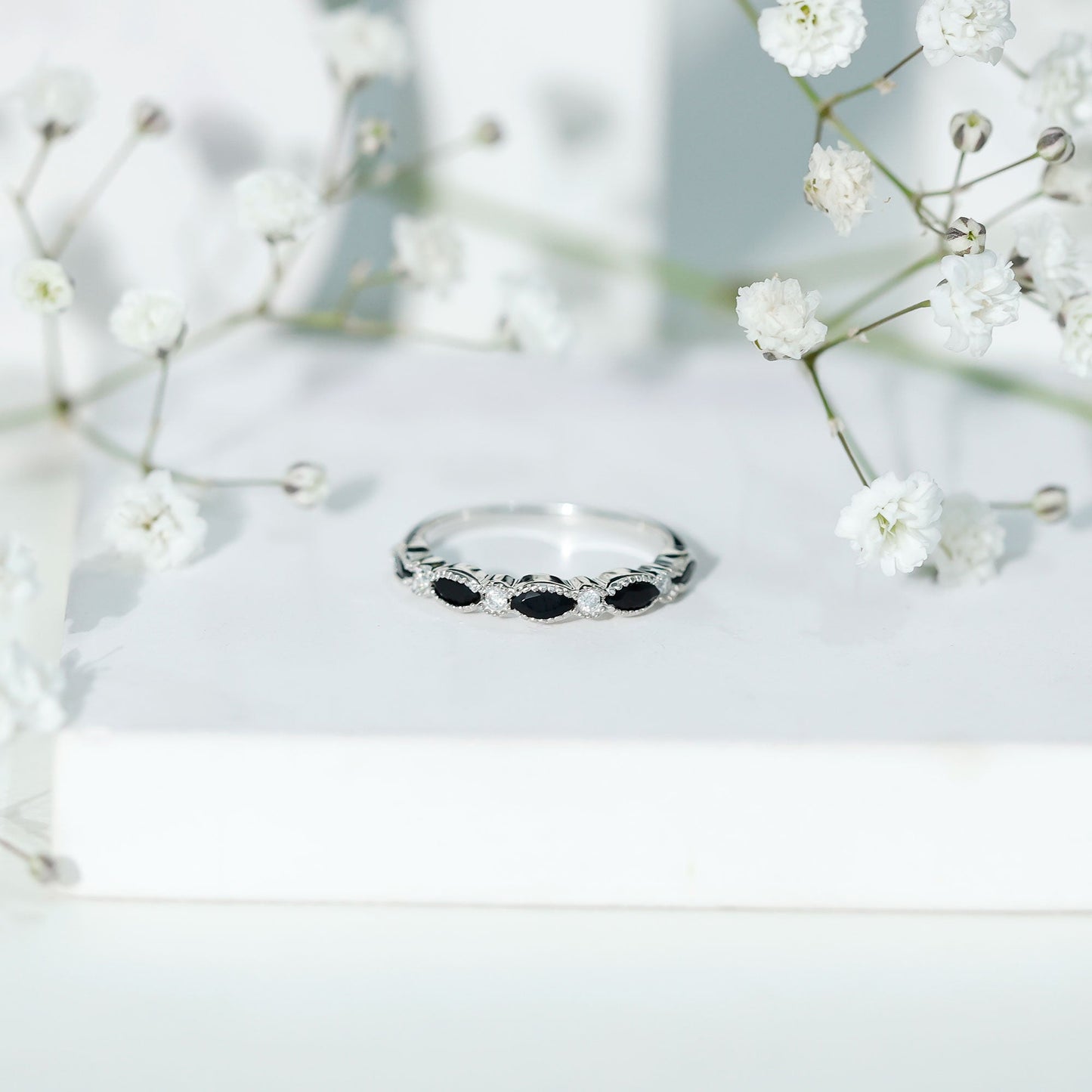 Natural Marquise Cut Black Onyx Half Eternity Band