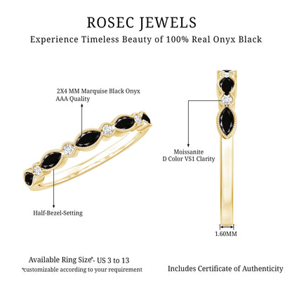 Certified Black Onyx Half Eternity Ring with Moissanite