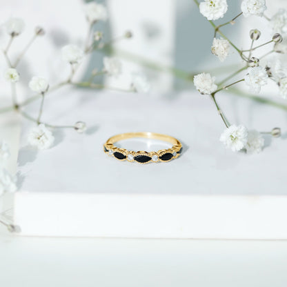 Certified Black Onyx Half Eternity Ring with Moissanite