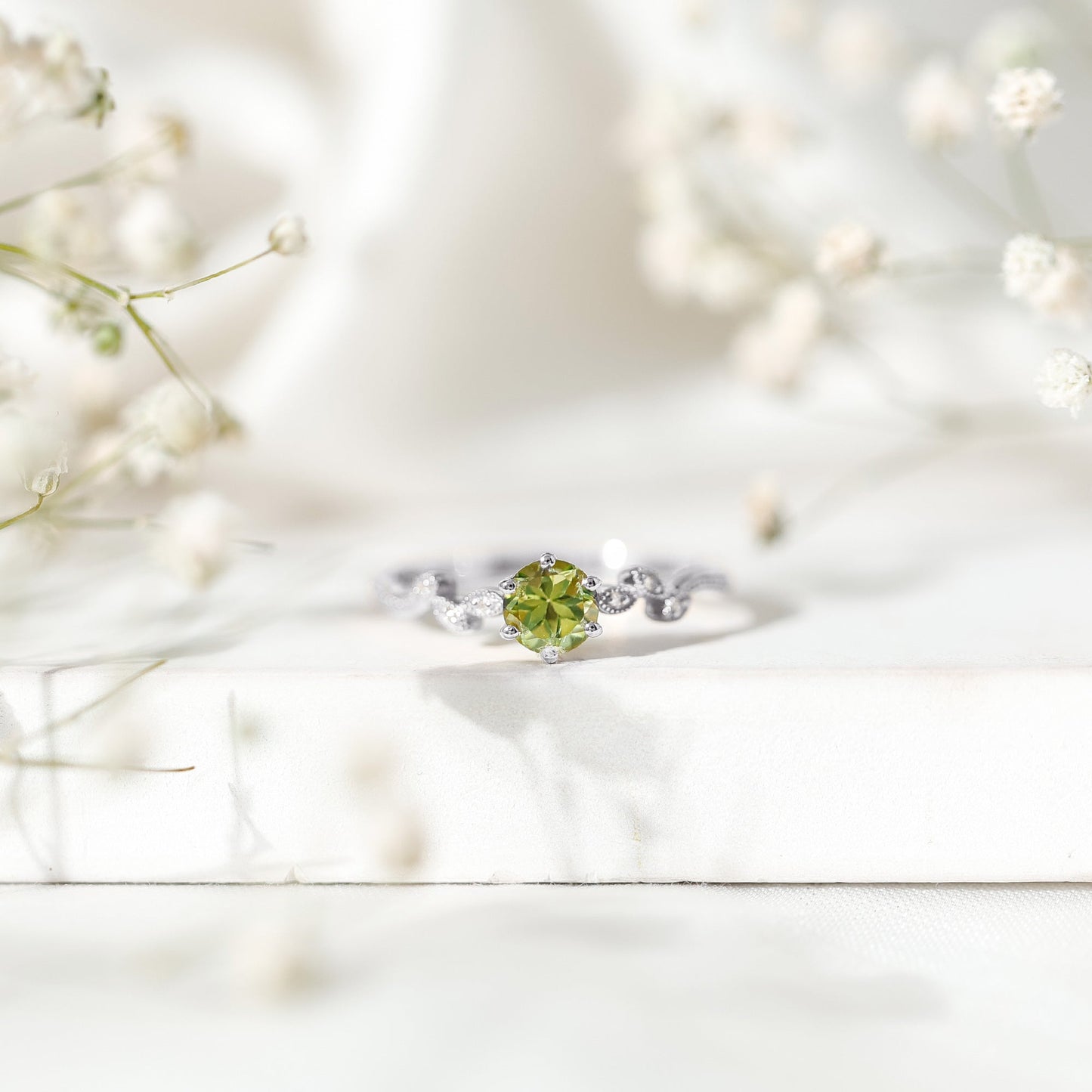 Peridot and Diamond Promise Ring with Beaded Detailing