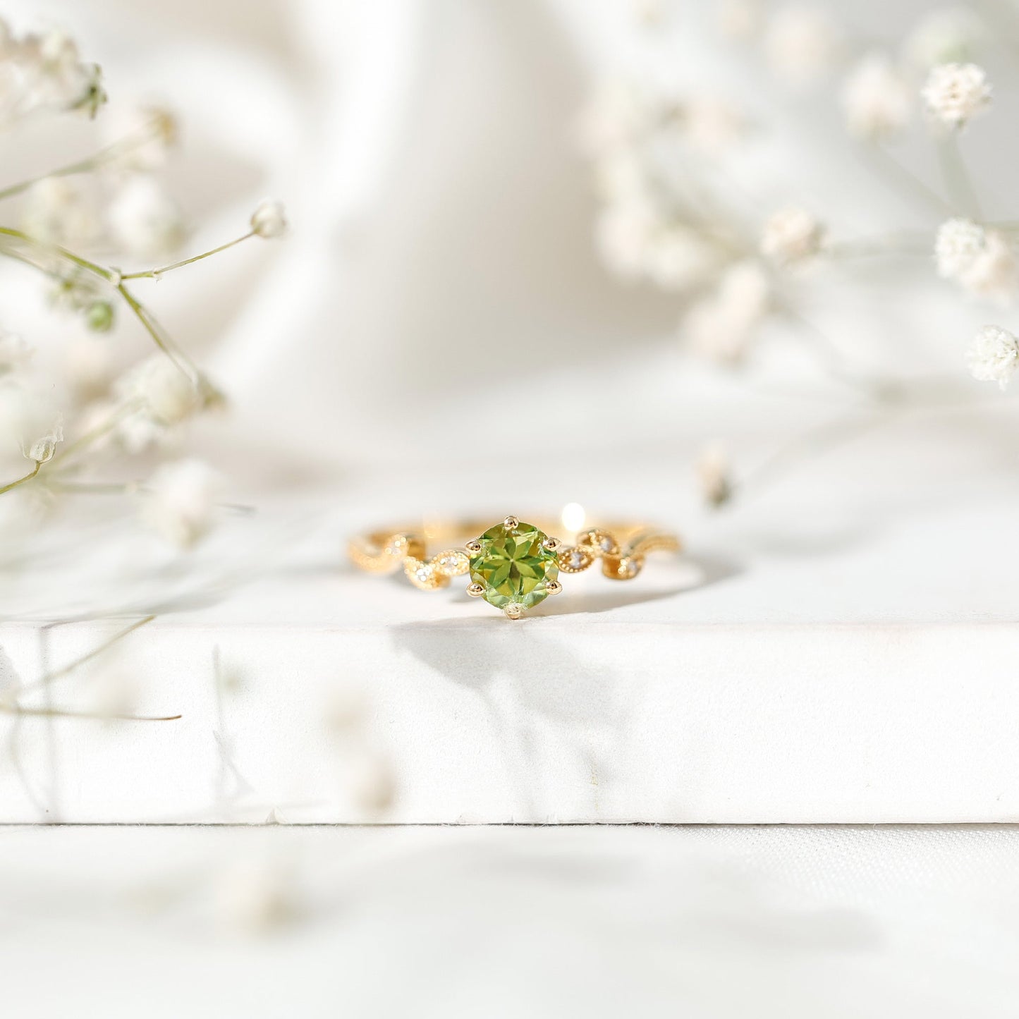 Peridot and Diamond Promise Ring with Beaded Detailing