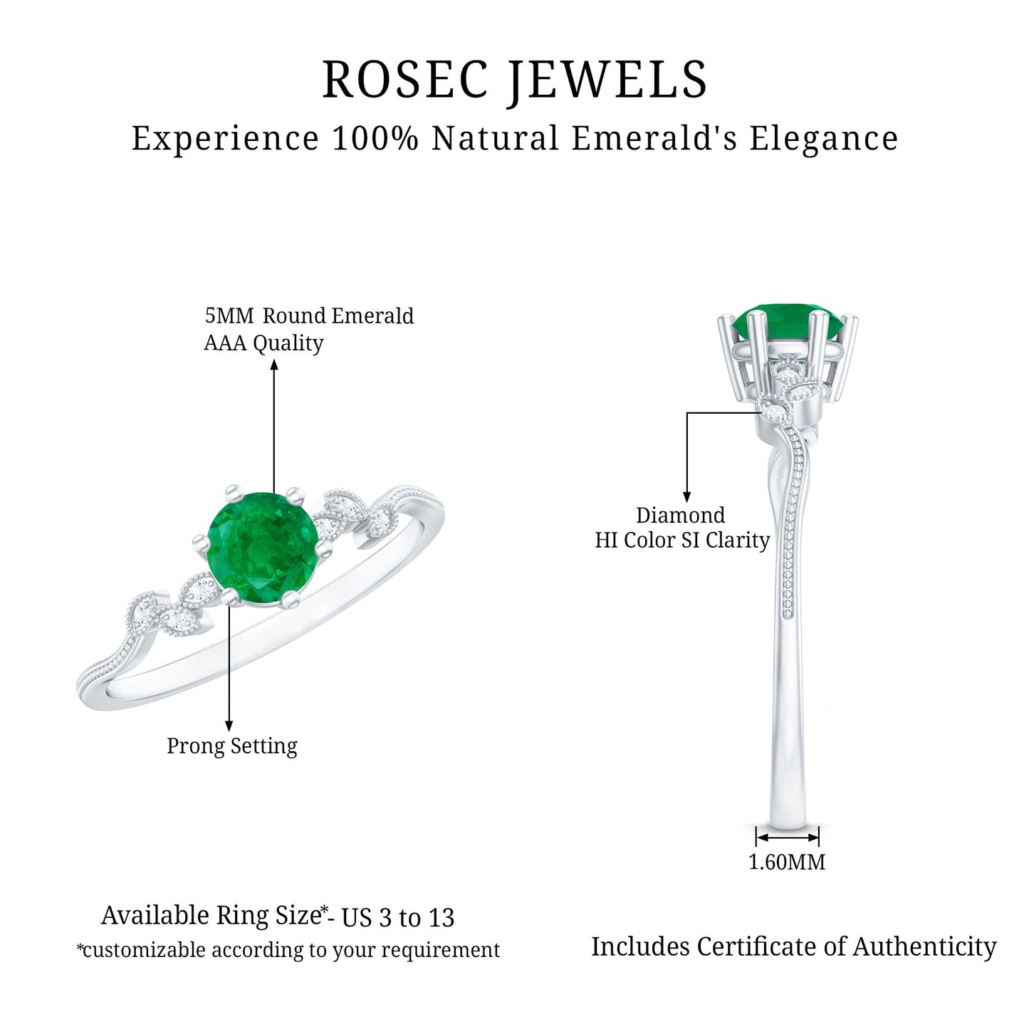 Natural Emerald and Diamond Leaf Promise Ring