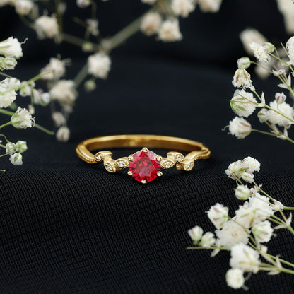 Lab Created Ruby and Diamond Leaf Promise Ring