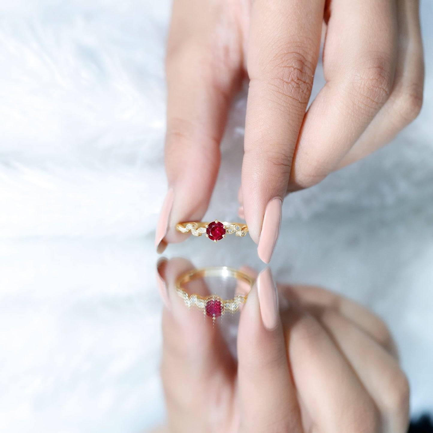 Lab Created Ruby and Diamond Leaf Promise Ring