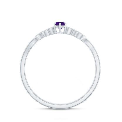 Amethyst and Diamond Leaf Promise Ring with Beaded Detailing