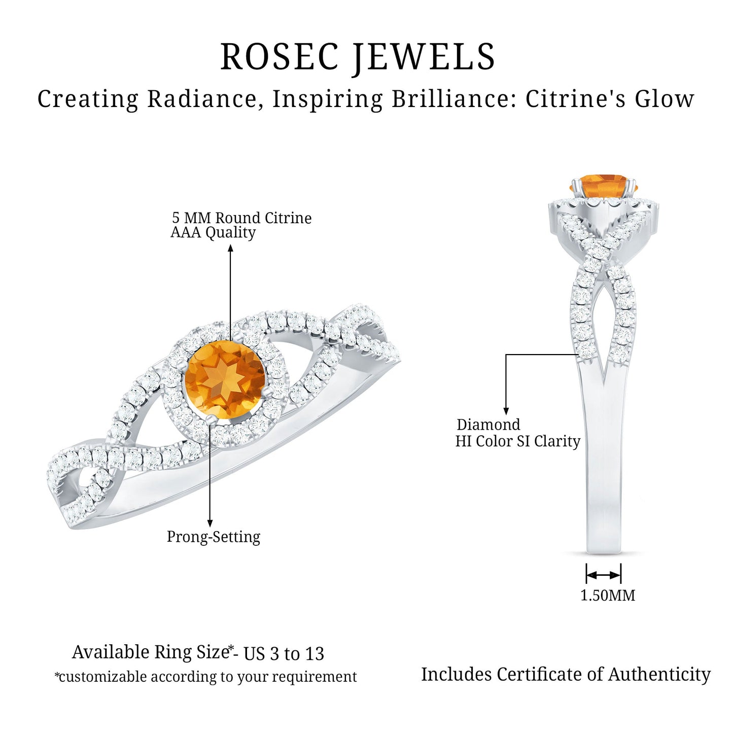 Natural Citrine Diamond Engagement Ring with Criss Cross Shank