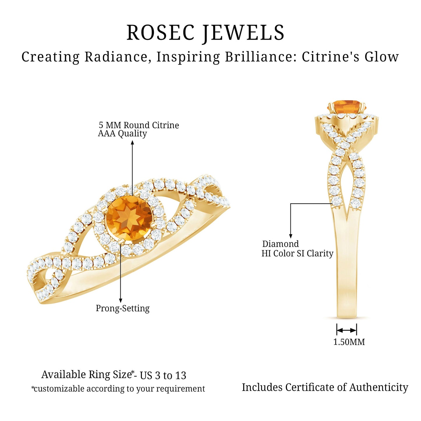 Natural Citrine Diamond Engagement Ring with Criss Cross Shank
