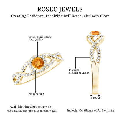 Natural Citrine Diamond Engagement Ring with Criss Cross Shank