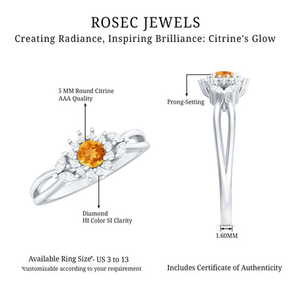 Nature Inspired Citrine Diamond Engagement Ring with Split Shank