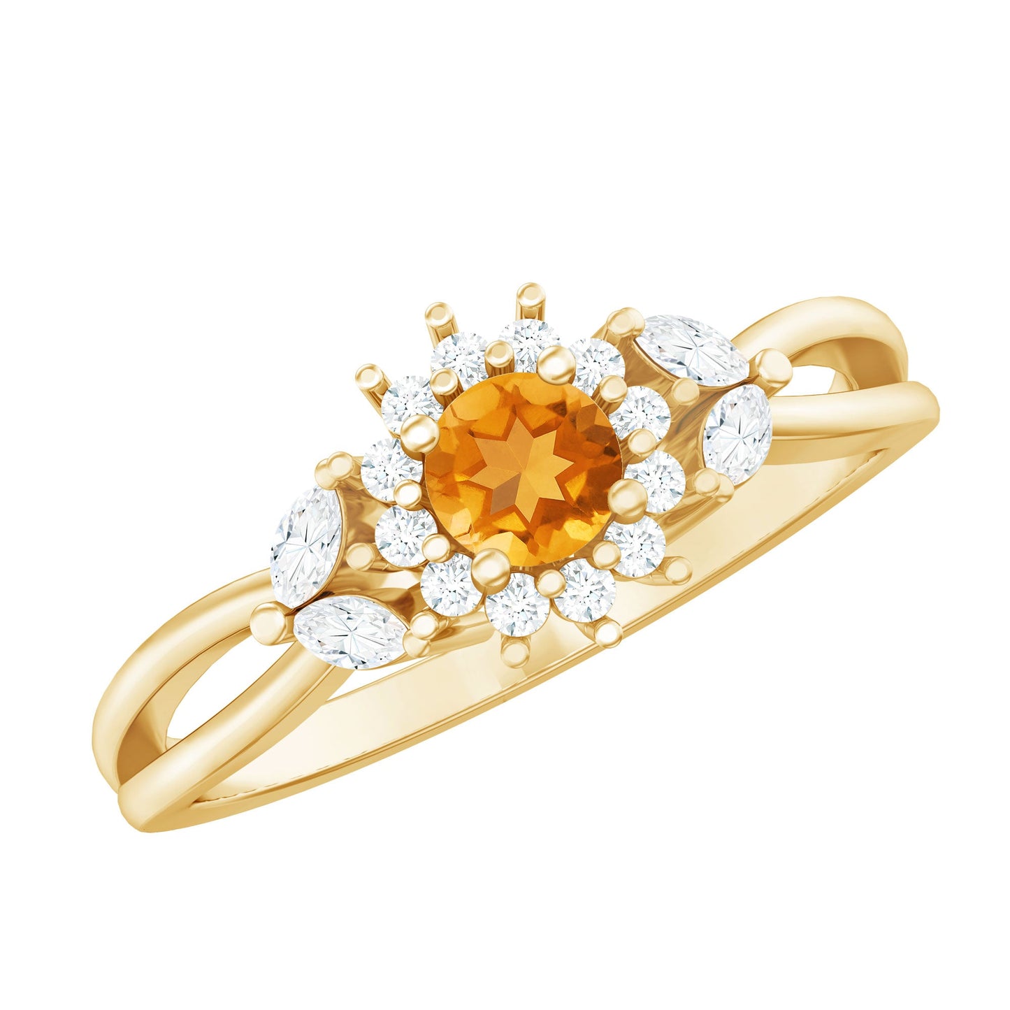 Nature Inspired Citrine Diamond Engagement Ring with Split Shank