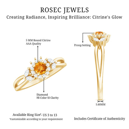 Nature Inspired Citrine Diamond Engagement Ring with Split Shank