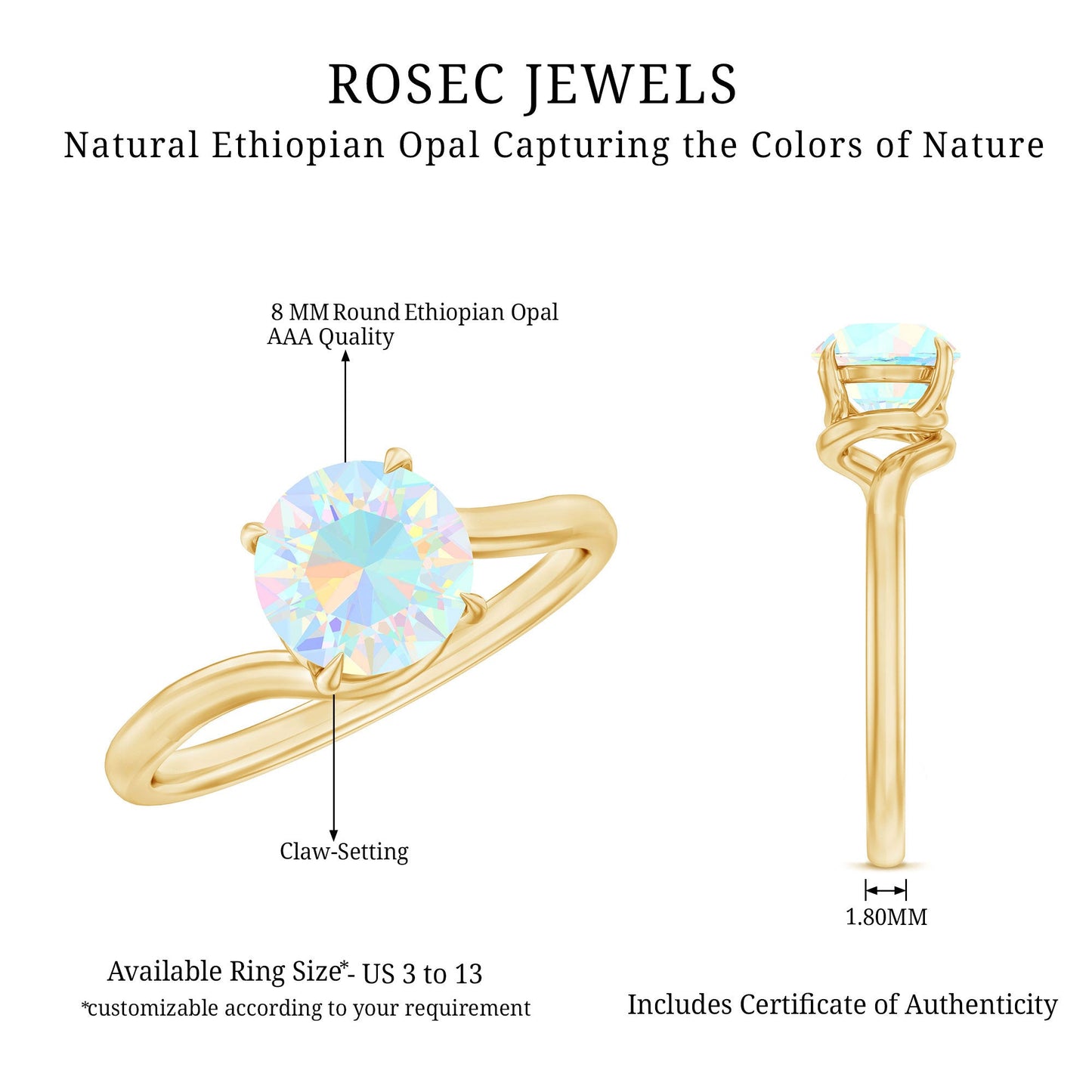 Certified Real Ethiopian Opal Solitaire Engagement Ring with Bypass Shank