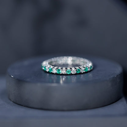 Alternate Round Emerald and Diamond Eternity Stackable Ring