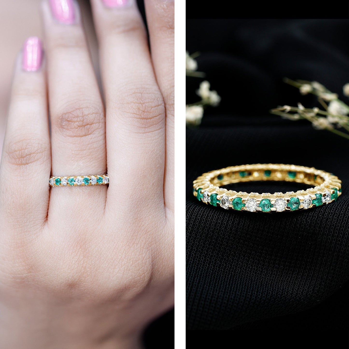 Alternate Round Emerald and Diamond Eternity Stackable Ring