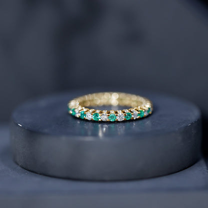 Alternate Round Emerald and Diamond Eternity Stackable Ring