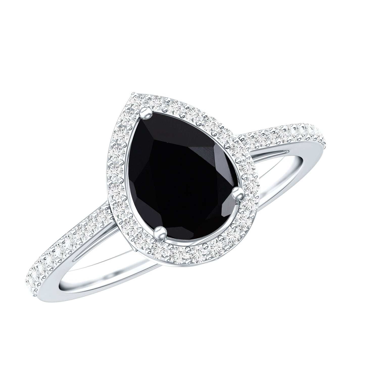Natural Black Spinel Teardrop Engagement Ring with Diamond Halo
