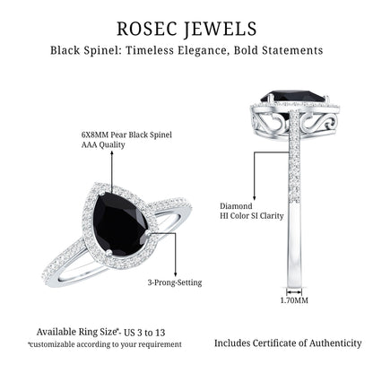 Natural Black Spinel Teardrop Engagement Ring with Diamond Halo