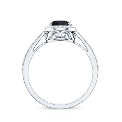 Natural Black Spinel Teardrop Engagement Ring with Diamond Halo