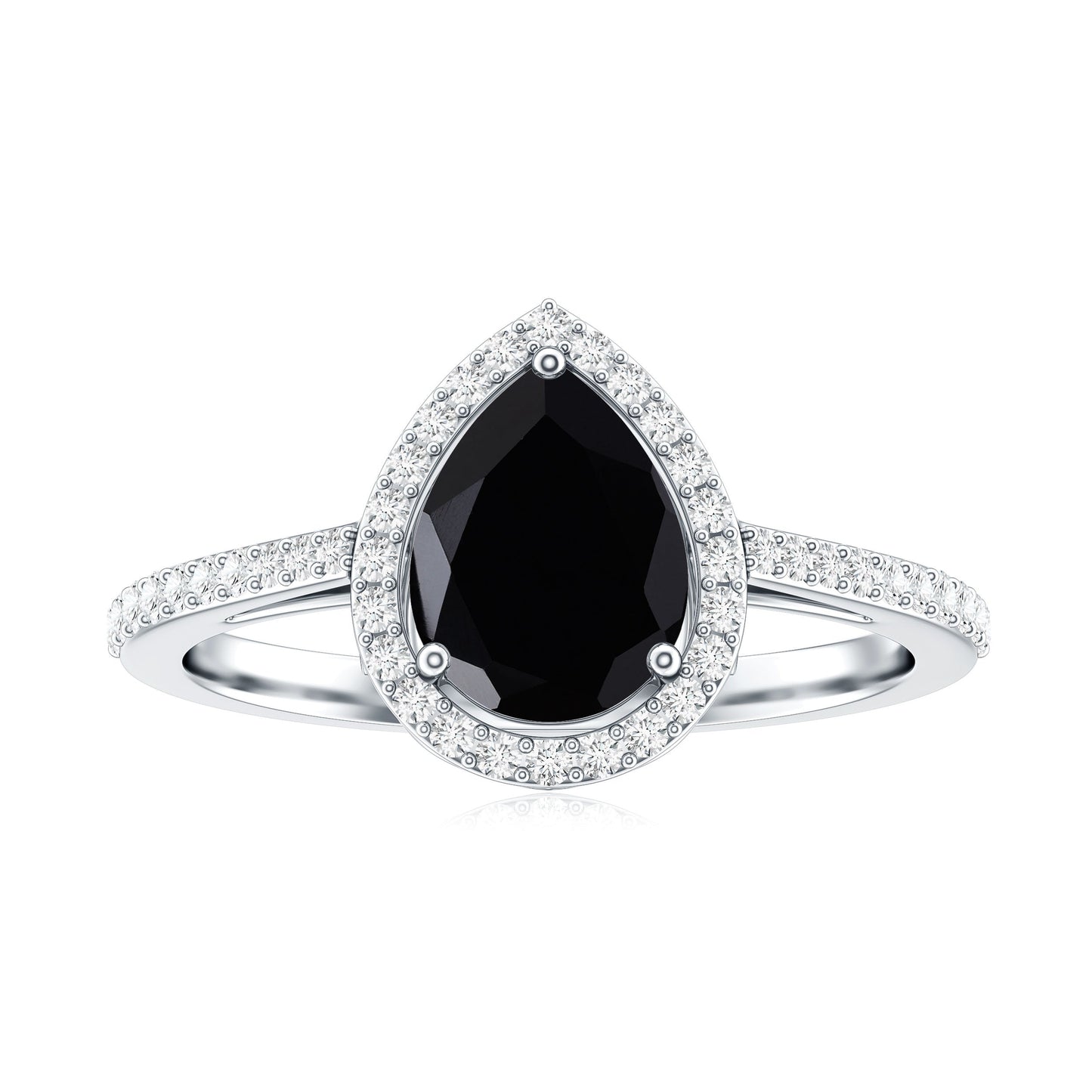 Natural Black Spinel Teardrop Engagement Ring with Diamond Halo