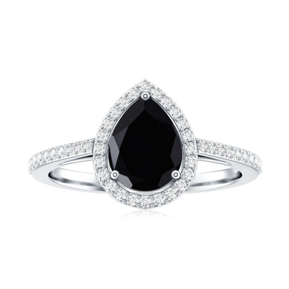 Natural Black Spinel Teardrop Engagement Ring with Diamond Halo