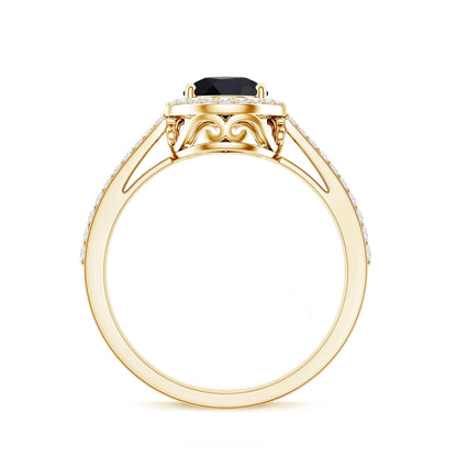 Natural Black Spinel Teardrop Engagement Ring with Diamond Halo