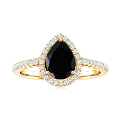 Natural Black Spinel Teardrop Engagement Ring with Diamond Halo
