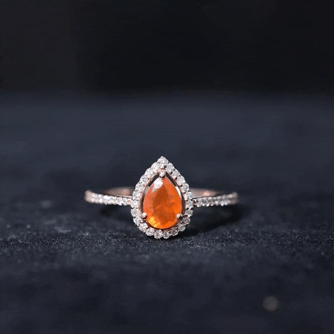 Real 0.6 Carat Fire Opal Teardrop Engagement Ring with Diamond Halo