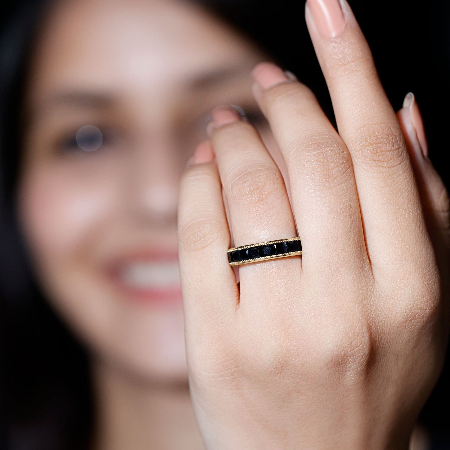 Princess Cut Black Spinel Half Eternity Band Ring