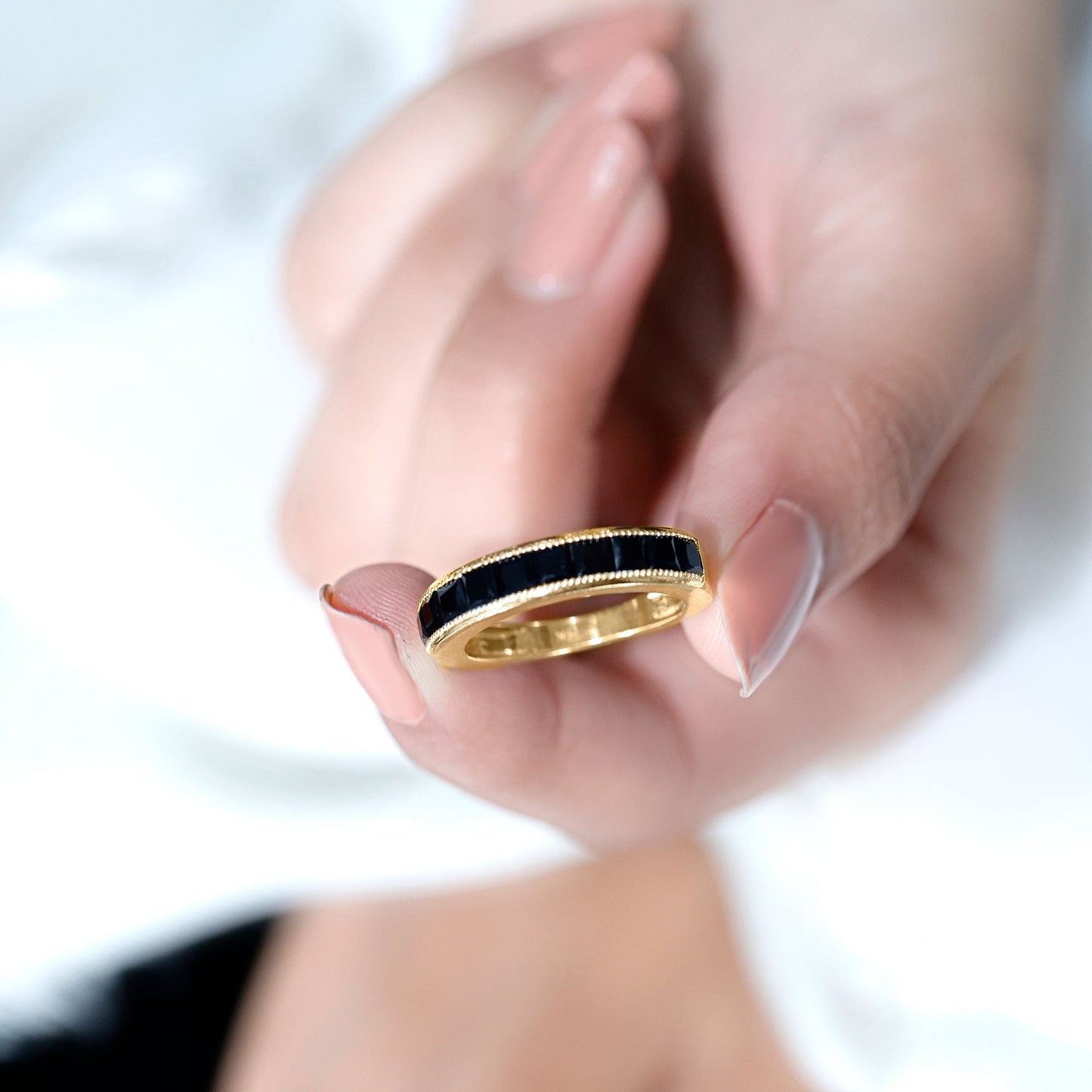 Princess Cut Black Spinel Half Eternity Band Ring