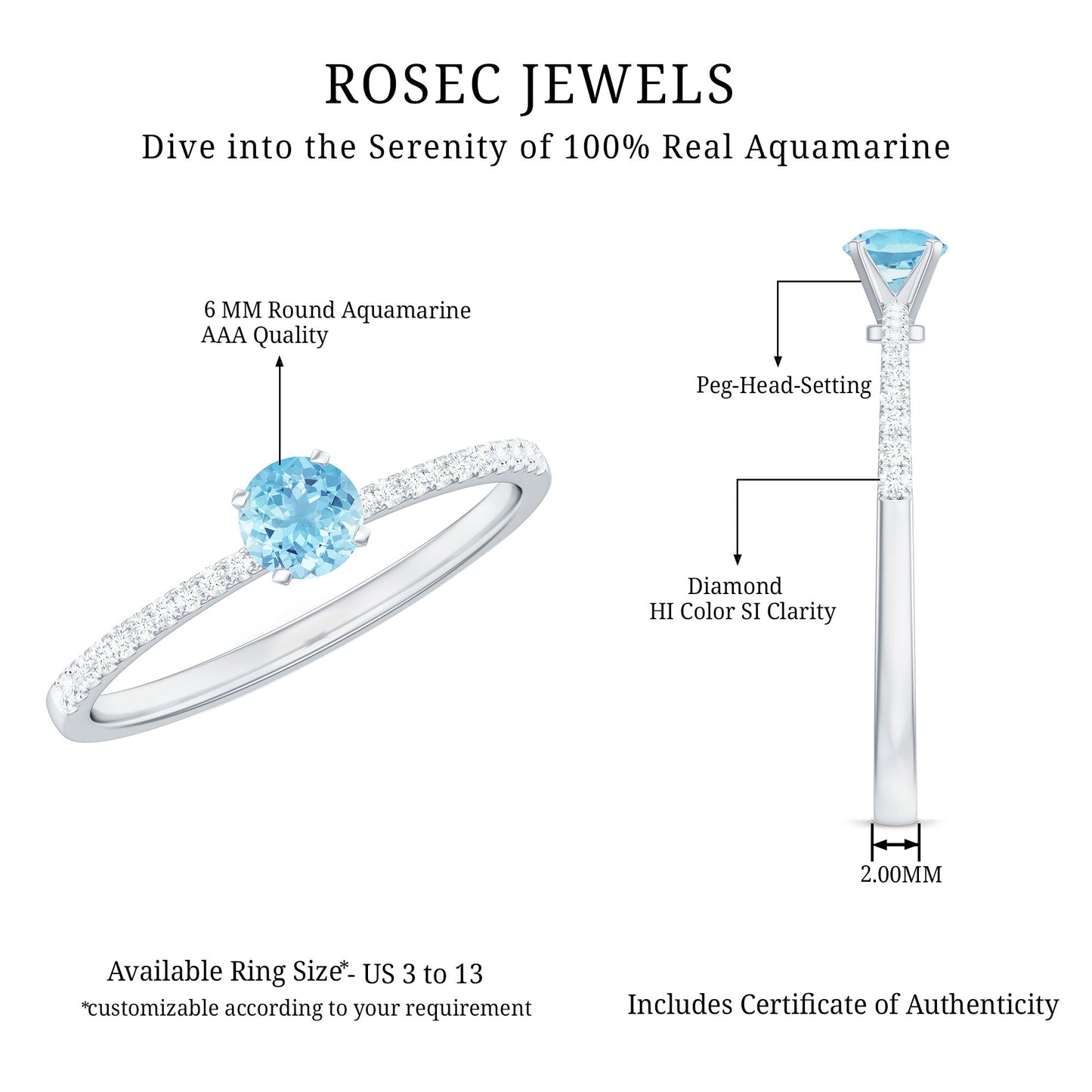 Natural Aquamarine Promise Ring with Diamond Side Stones