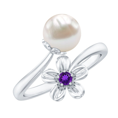 Cultured 3 Carat Freshwater Pearl Flower Ring with Amethyst