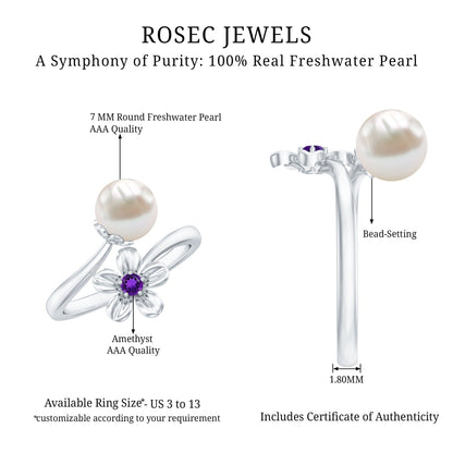 Cultured 3 Carat Freshwater Pearl Flower Ring with Amethyst