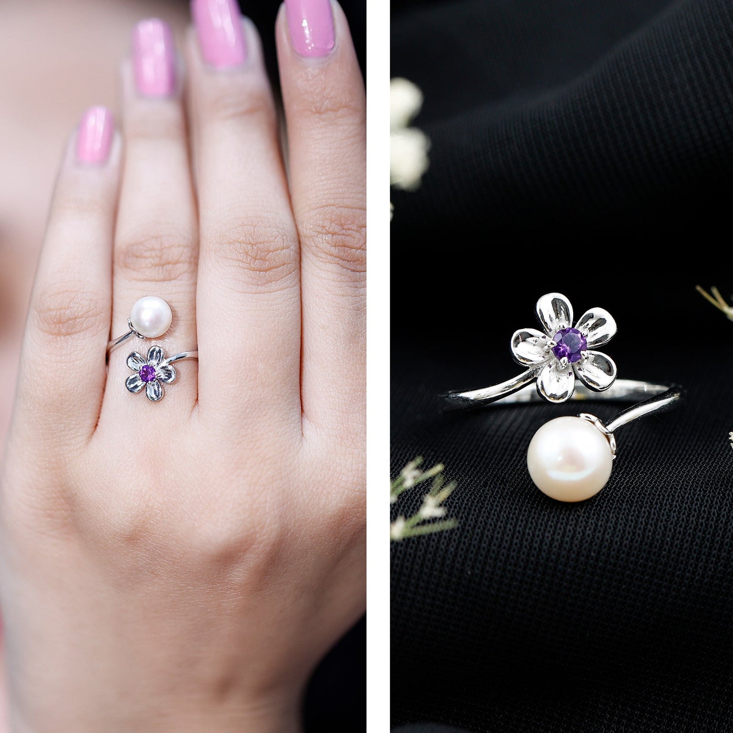 Cultured 3 Carat Freshwater Pearl Flower Ring with Amethyst