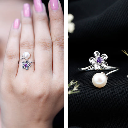 Cultured 3 Carat Freshwater Pearl Flower Ring with Amethyst
