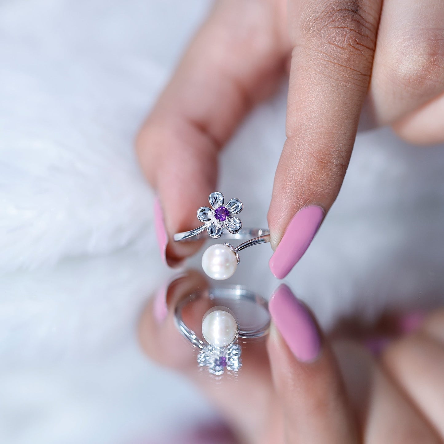 Cultured 3 Carat Freshwater Pearl Flower Ring with Amethyst