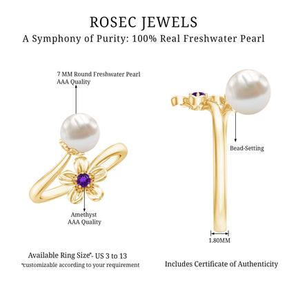 Cultured 3 Carat Freshwater Pearl Flower Ring with Amethyst