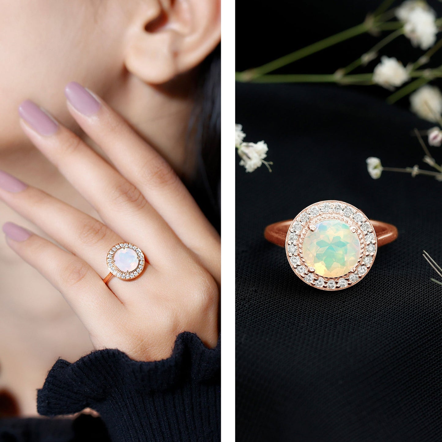 Vintage Inspired 2 Carat Opalescent Engagement Ring with Diamond Halo