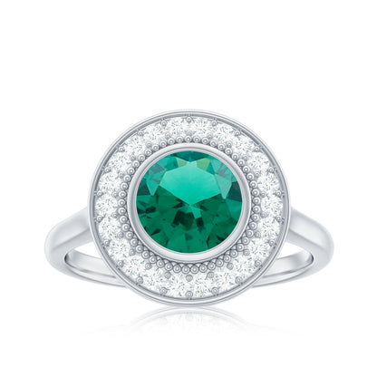 Vintage Looking 2 Carat Lab Grown Emerald Engagement Ring with Halo