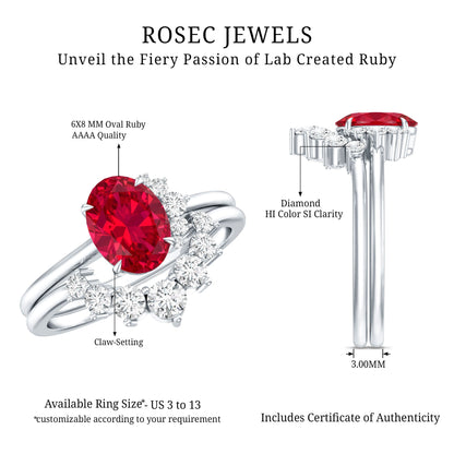 Oval Created Ruby Solitaire Wedding Ring Set with Diamond