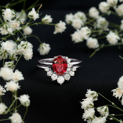 Oval Created Ruby Solitaire Wedding Ring Set with Diamond