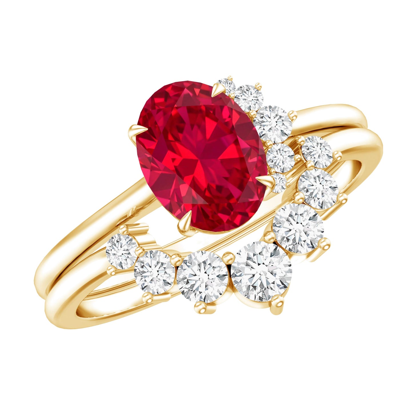 Oval Created Ruby Solitaire Wedding Ring Set with Diamond