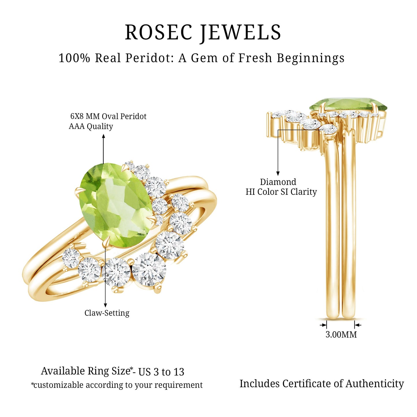 Real 1 Carat Oval Peridot Engagement Ring with Diamond Wedding Band