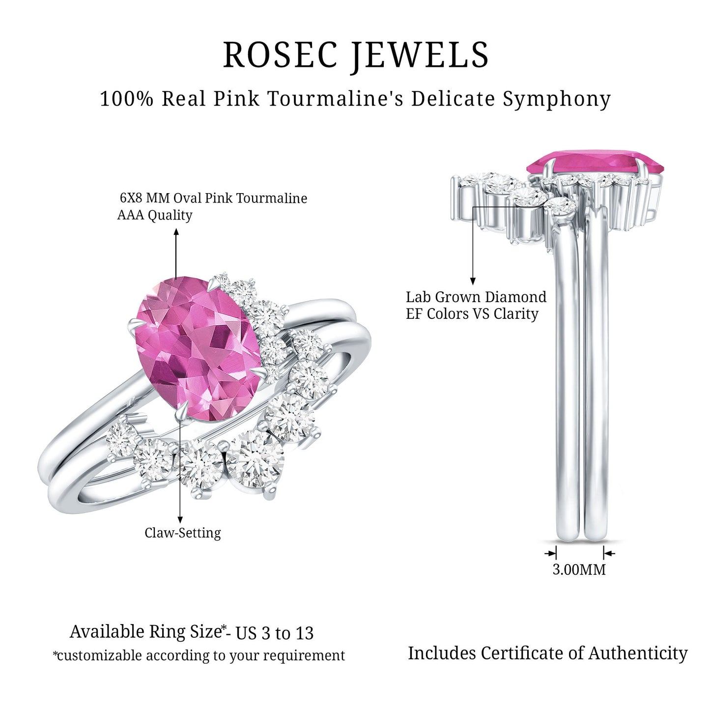 1 Carat Oval Pink Tourmaline and Diamond Wedding Ring Set